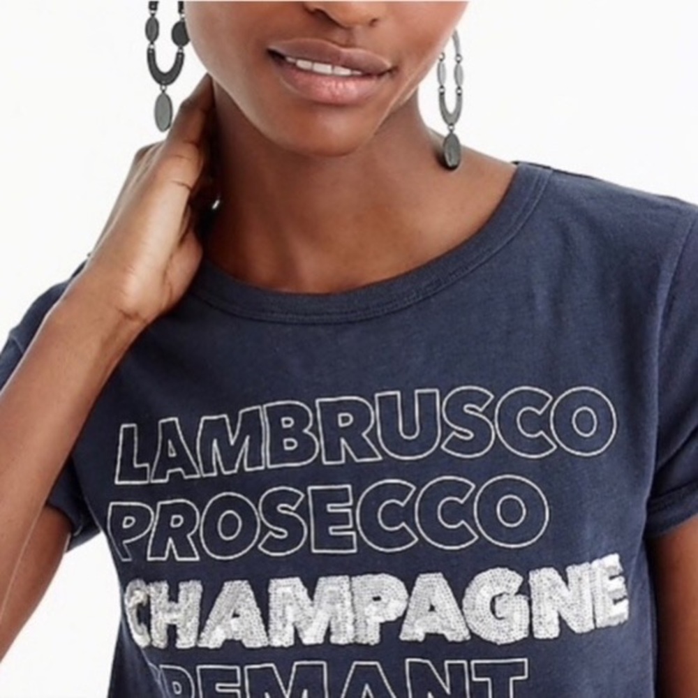 J. Crew Silver Sequined “Champagne” Tee in Navy